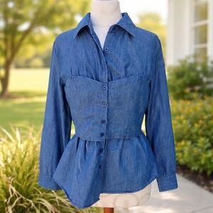 New York & Company Denim Peplum Button-Down Corset Top, Size Medium